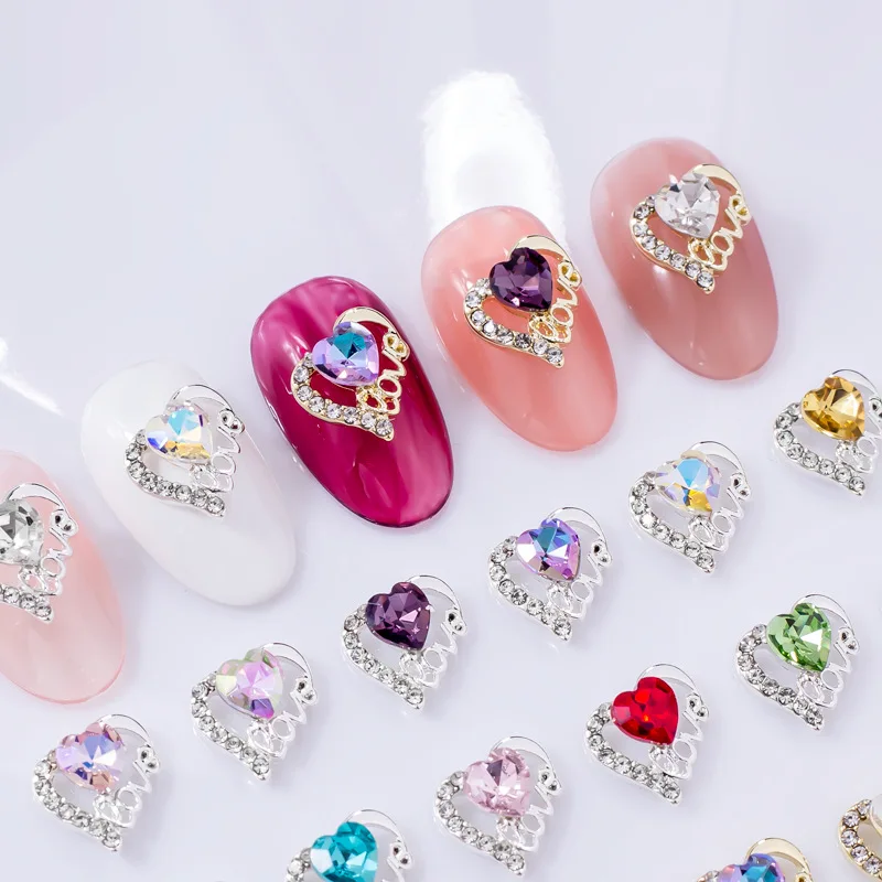 10 Pezzi/Lotto Charm di Lusso per Nail Art, Gioielli a Forma di Cuore in Cristallo e Lega, Strass Dorati e Argentati, Decorazioni per Manicure