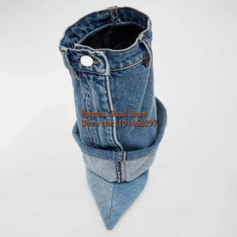 Women Denim Boots Pointed Toe Button Blue Jeans Pleated Folded Thin Heels Lady Modern Boots Drop Shipping