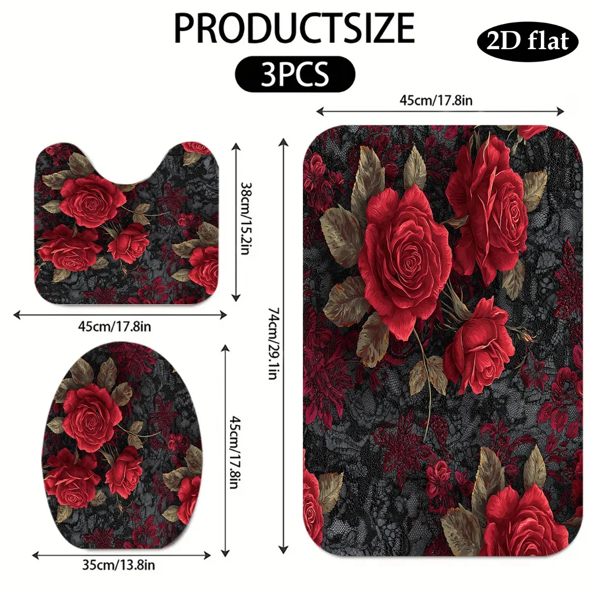 

Red Rose Black Lace Printed Bathroom Rugs Set 3pcs Non Slip Soft Floor Mats for Toilet Sink Bath Home Decor