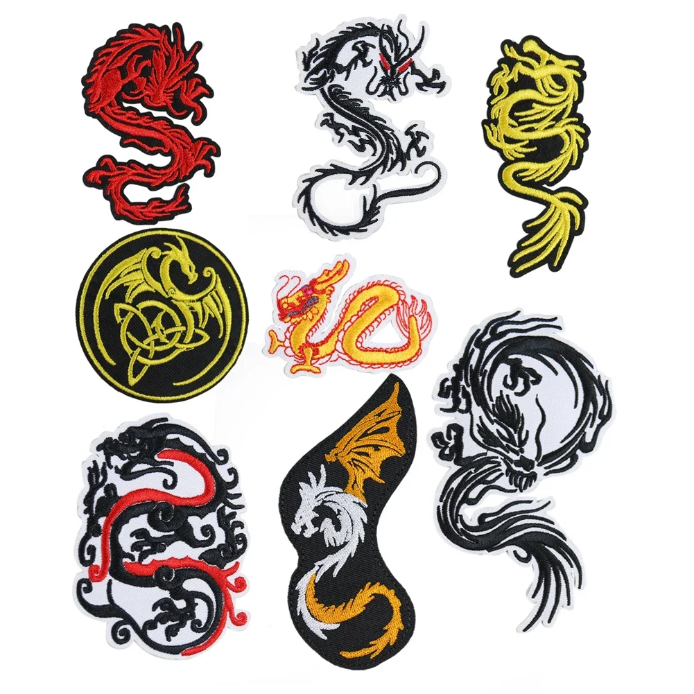 Dragon Iron on Patch Gold Chinese Dragons Phoenix Embroidered Applique Sew On Patches for Embroidery Clothing Jackets Jeans Bag