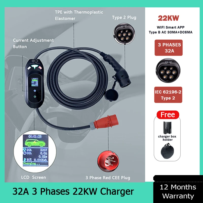 22KW 32A Type 2 Portable EV Charger Wi-Fi APP Control 3 Phase Charging Box 5M Cable with Socket IEC62196-2 For Electric Vehicle