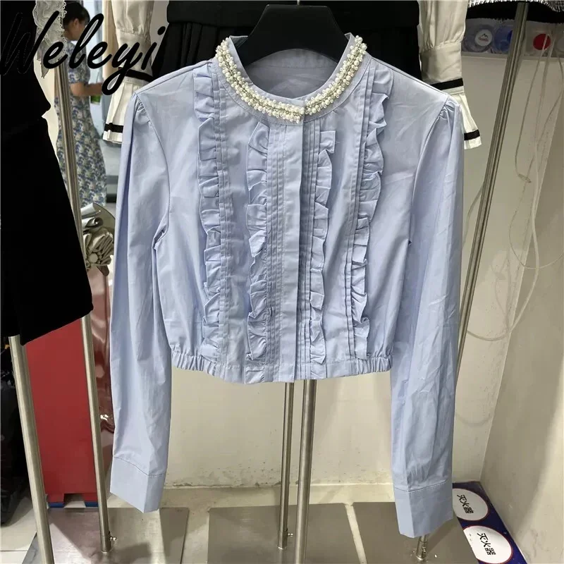 Sweet Pearl Bead Rhinestones Neck Fungus Edge Short Shirt Woman 2024 Autumn New Elegant Pure Color Long Puff Sleeve Blouse Women