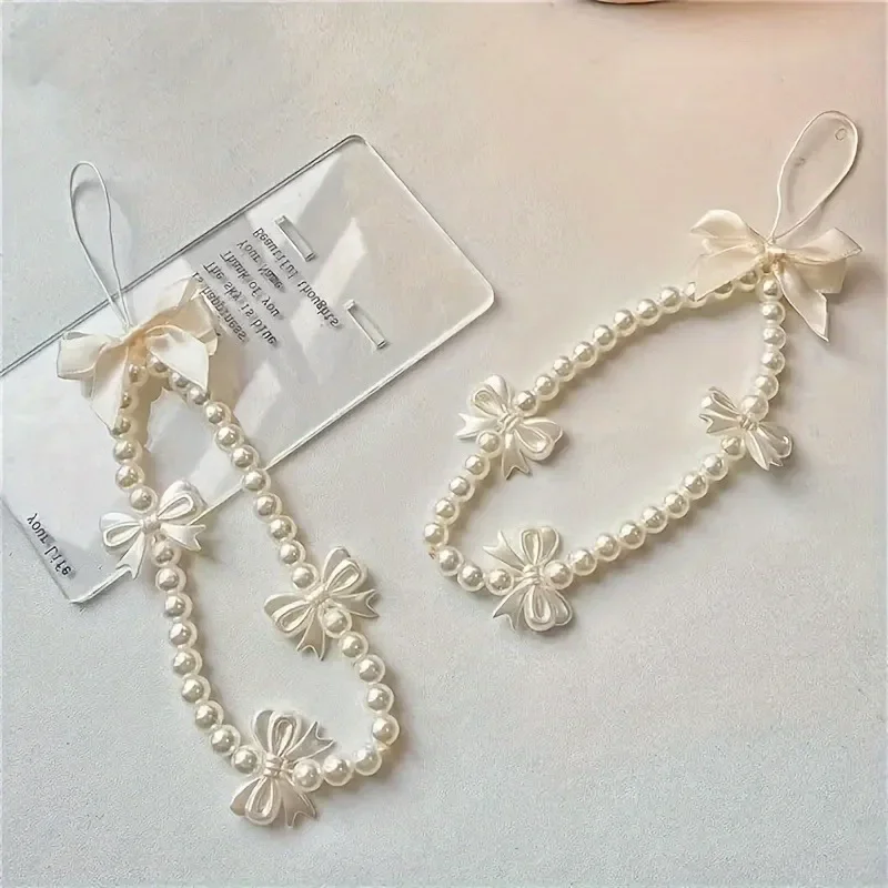 Sweet and Cute Pink Bow Mobile Strap Phone Chains For Women Pearl Chain Phone Pendant Charm Key Anti-Lost Lanyard Jewelry