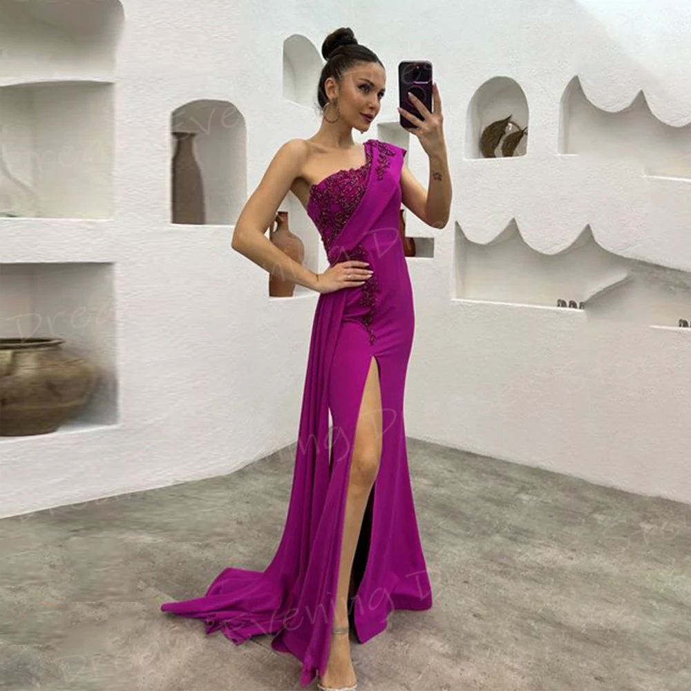 

Modern Purple Mermaid Elegant Women's Evening Dresses One Shoulder Sleeveless Prom Gowns Side Split Appliques Vestido De Noche