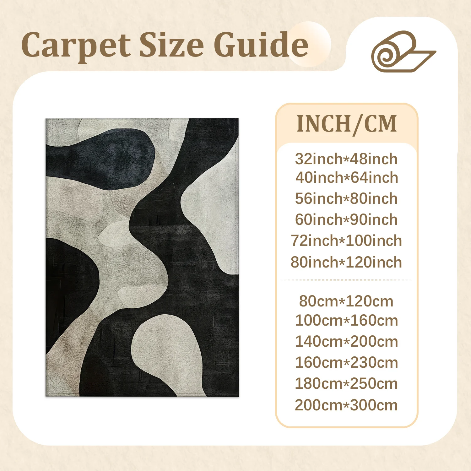 Large Indoor Area Rug, Soft Velvet Low Pile, Non-Slip Dotted Backing, Machine Washable Abstract Organic Black & Cream Pattern Rug for Living Room Bedroom Entryway