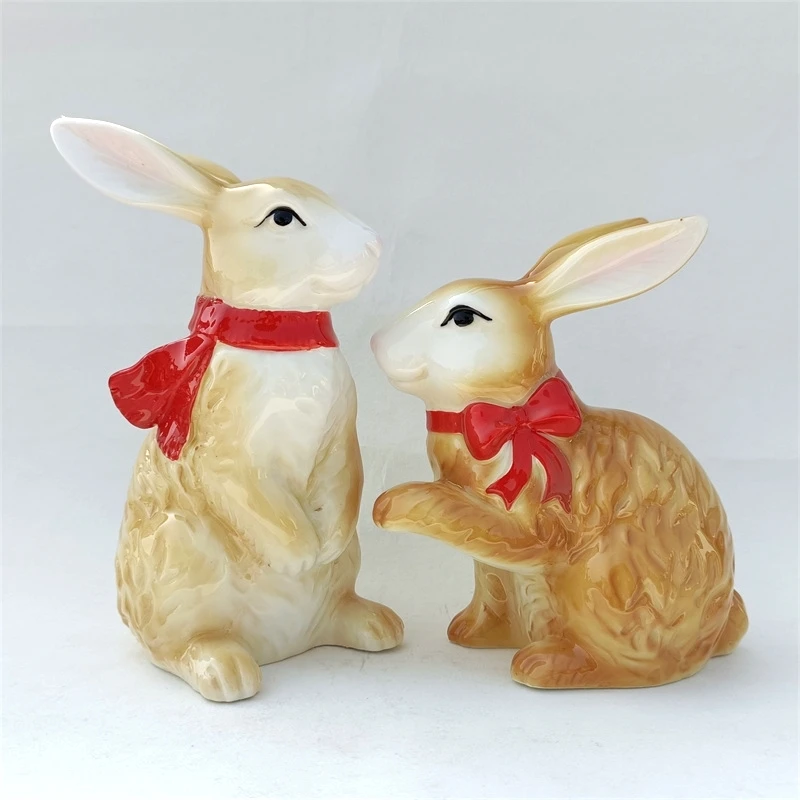 Porcelain Party Rabbit Couple Statue Ceramic Scarf Hare Sculpture Dancing Partner Ornament Lovers Present Home Handcraft Decor