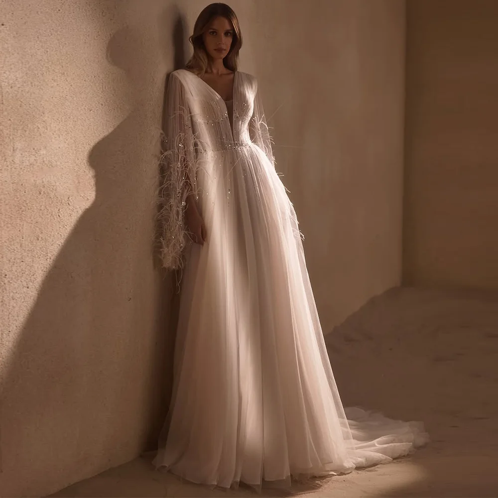 Feathers and Sequined Customized Bridal Gowns Elegant A-Line Deep V-neck Wedding Dress Fashion Tulle Long Sleeves Robe de mariée