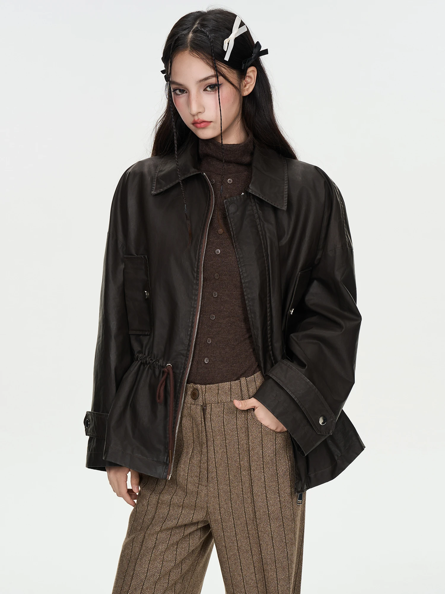 IUNAE LUMEN 2025 – Nouvelle veste décontractée en cuir noir pour femme, col zippé, chaude et élégante, collection automne-hiver