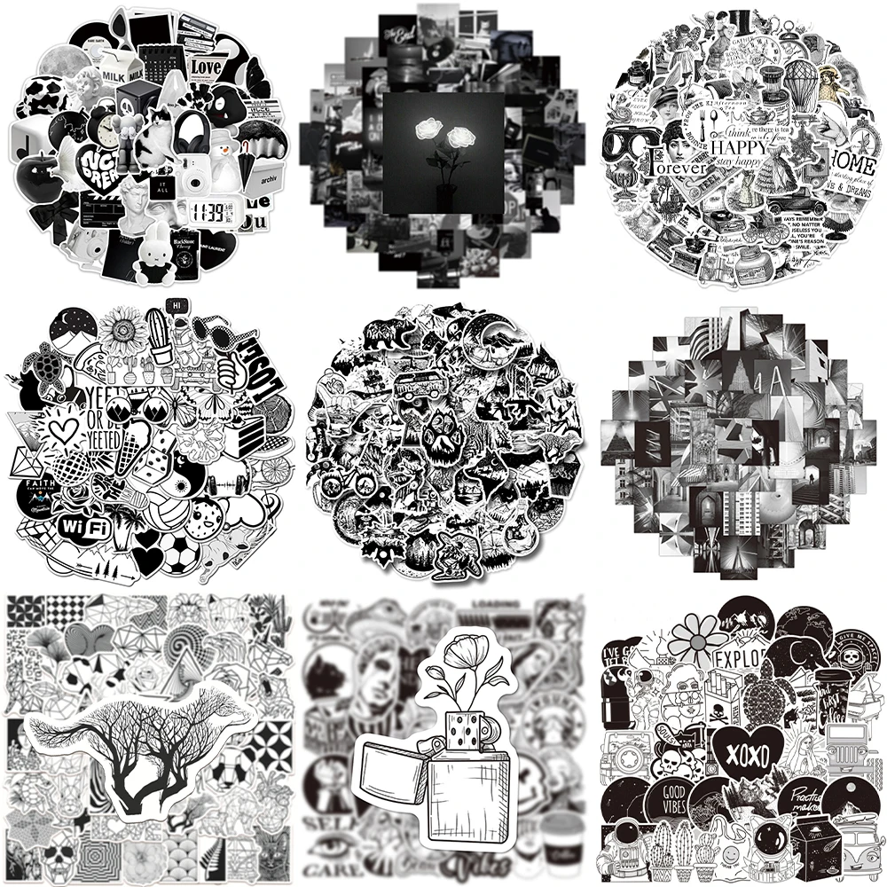 10/30/50PCS Black And White Stickers Series Creative Small Fresh Graffiti Laptop Helmet Luggage Phone iPad Decoration Wholesale