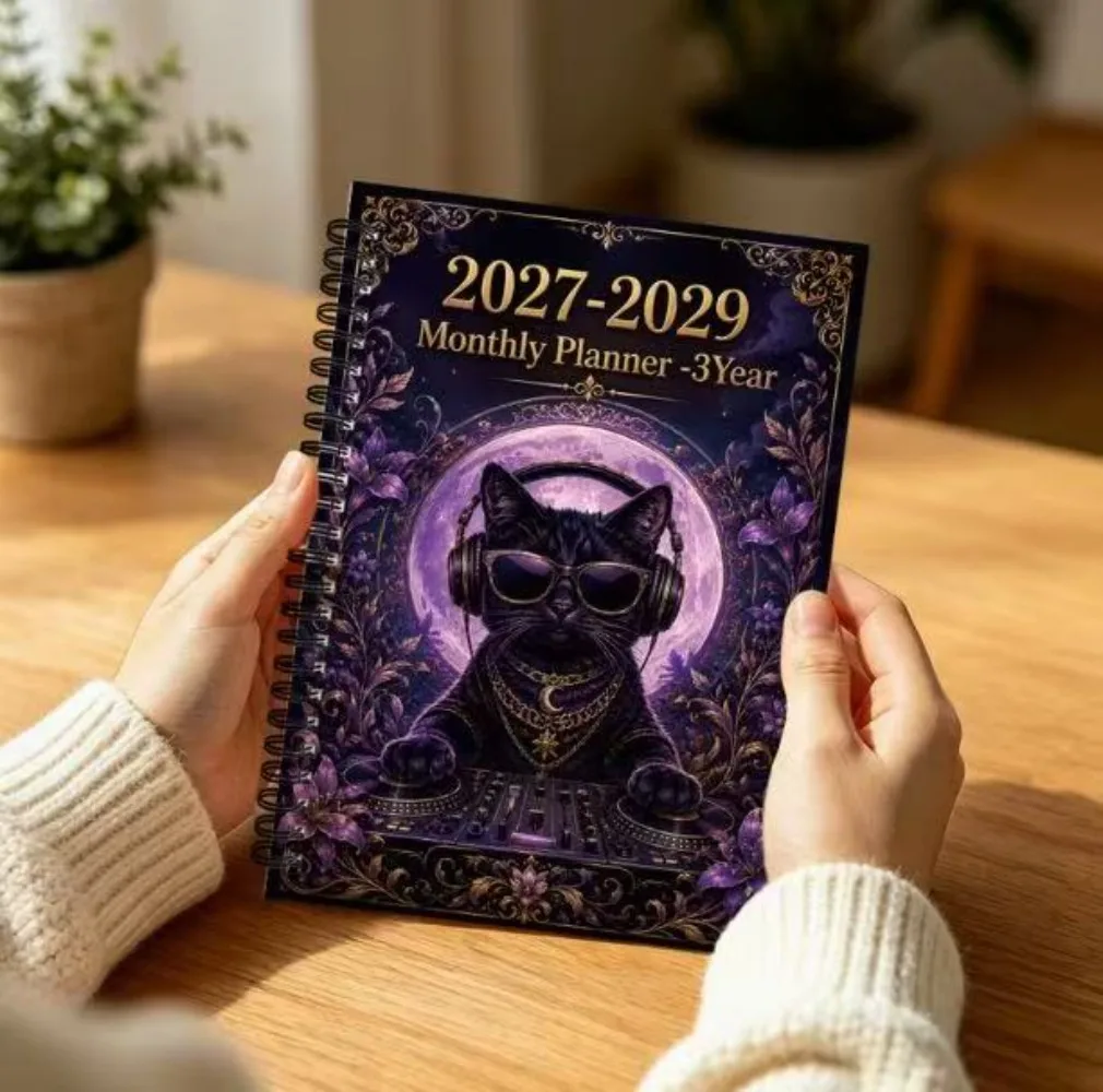 European and American Black Cat Monthly Plan, Cool Sa Dark DJ Wind Coil Style Three Year Growth Plan Book (Spiral Binding)
