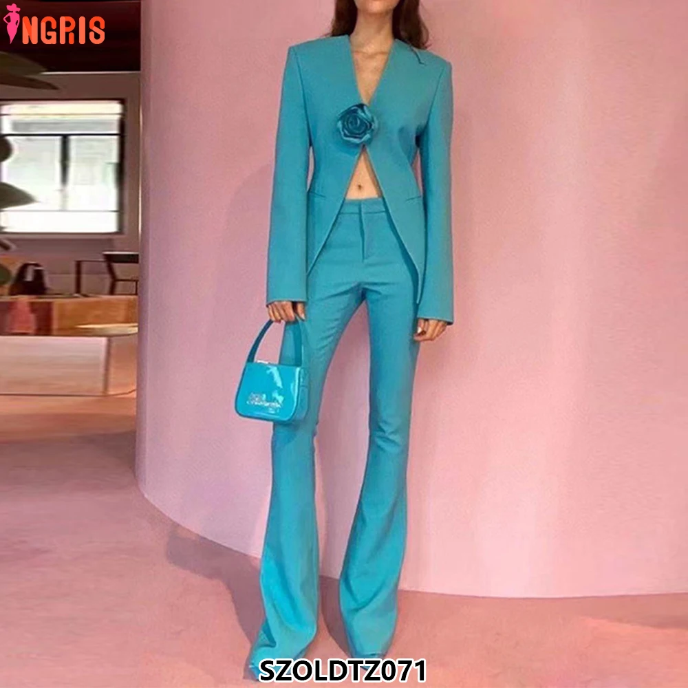 

Blue suit jacket trousers women solid sexy deep v neck long sleeve jacket with flowers two piece suit-SZOLDTZ071