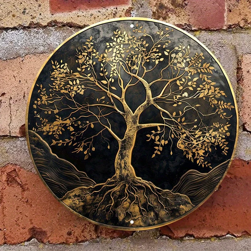 2D Flat – 1 Stück 2D Flat Aluminiumschild, Baum des Lebens 2D-gedrucktes Aluminium-Blechschild, 8 x 8 Zoll runde Wanddekoration – Golden und Schwarz,