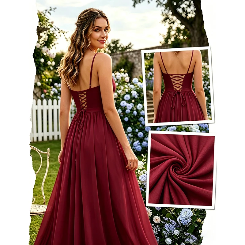 Burgundy Bridesmaid Dress Spaghetti Strap V-Neck Back Floor Length Formal Evening Gown for Wedding Guest/Prom/Cocktail Party