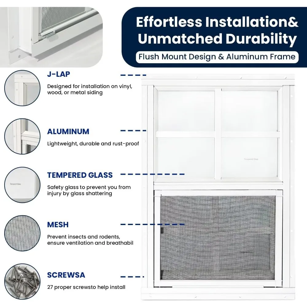 2 Pack Shed Windows,12" x 18" Small Sliding Windows,Flush Mount Windows with Tempered Glass and Fiberglass Screen for Shed