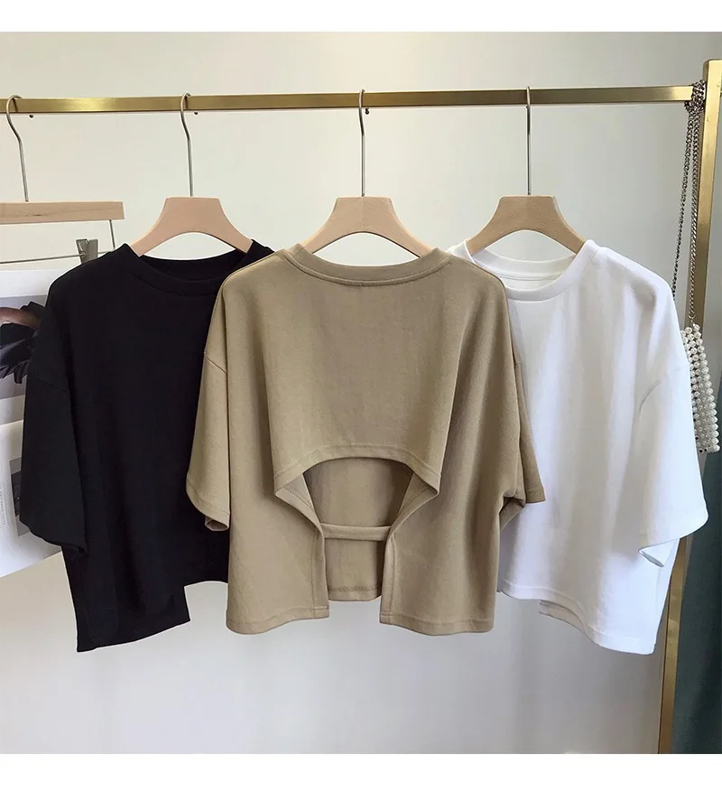 Summer Clothes Korean Sexy Backless Short O-Neck Women Casual Solid Color T-Shirt Short Sleeve Girl Tee Shirt Fashion Tops