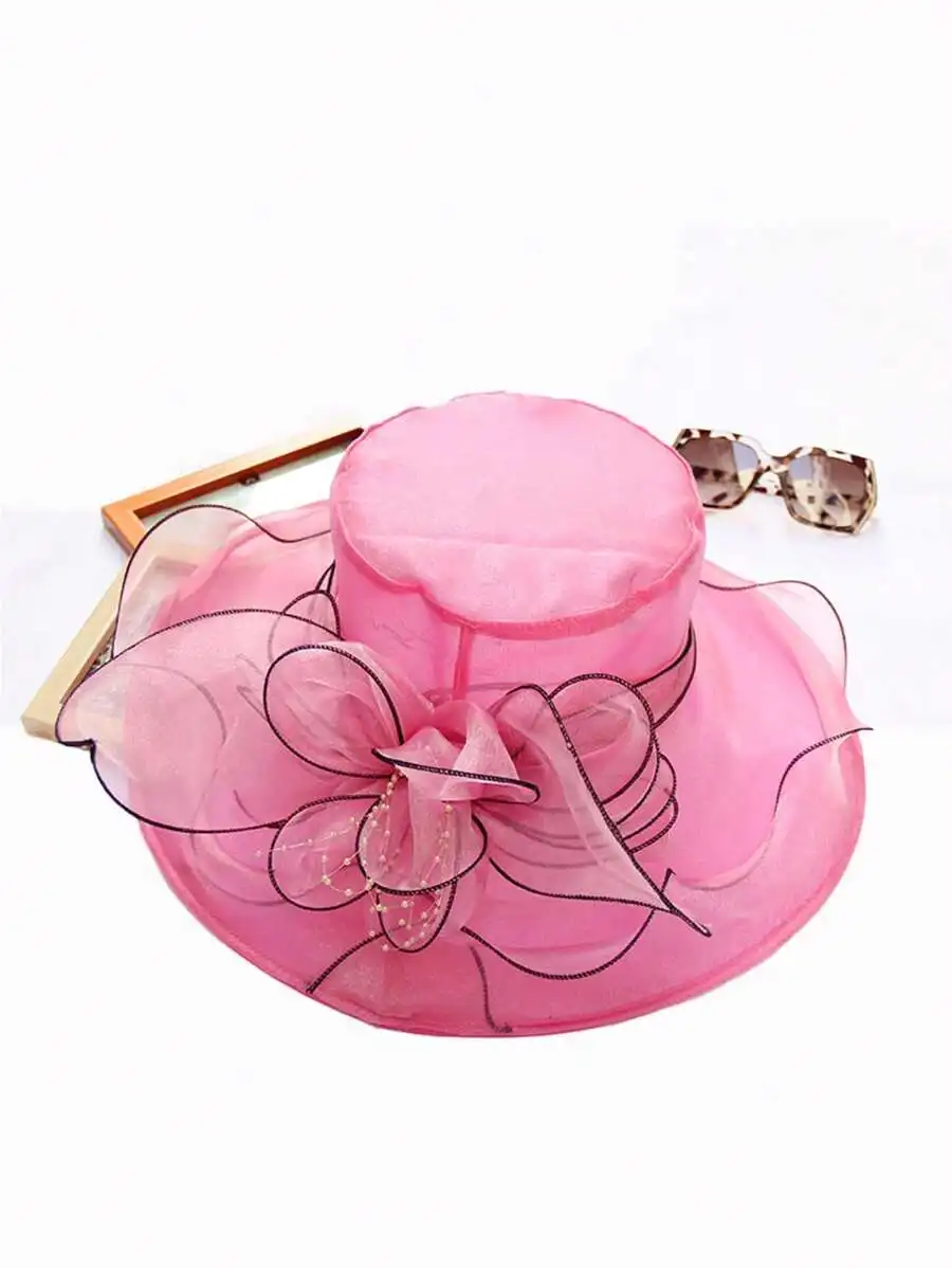 

Womens Elegant Pink Floral Organza Hat With Pearl Decor For Outdoor Party Sun Protection