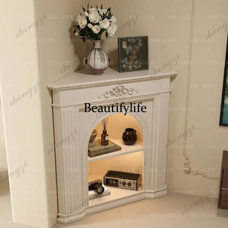 G153 French Fireplace Cabinet Corner Decoration Cabinet Simulation Flame European Carved Triangle Fireplace Cabinet