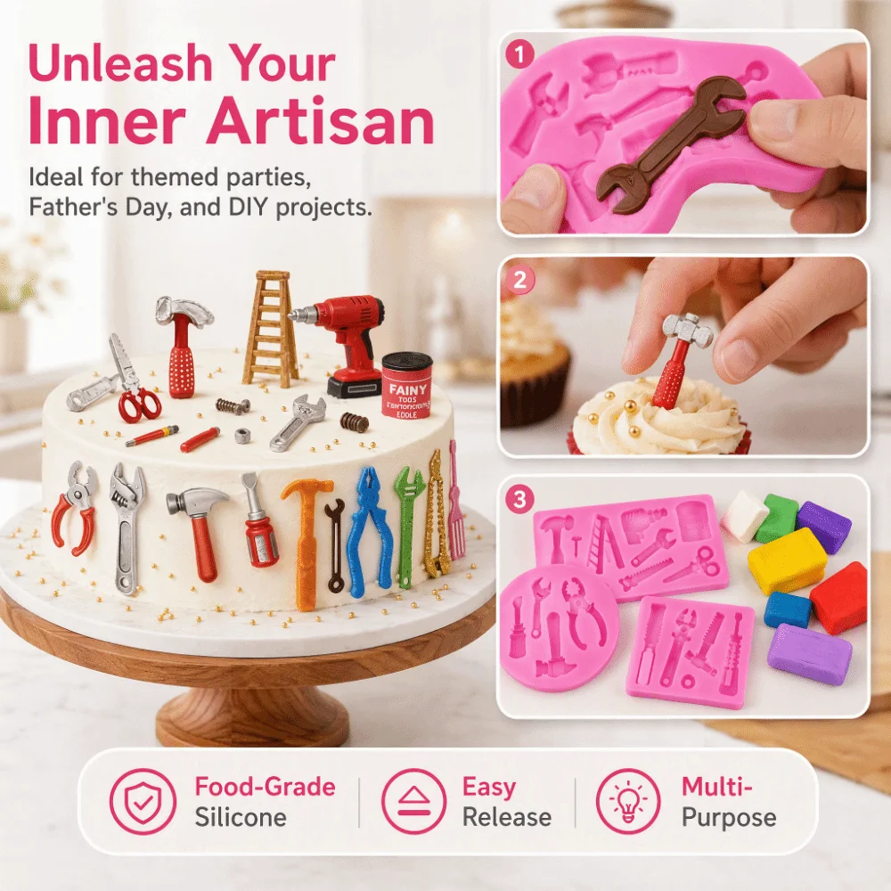 Flexible Silicone Silicone Fondant Mold Tool Shaped Scissors Design Fondant Topper Mold Easy Release Hammer Spanner Design