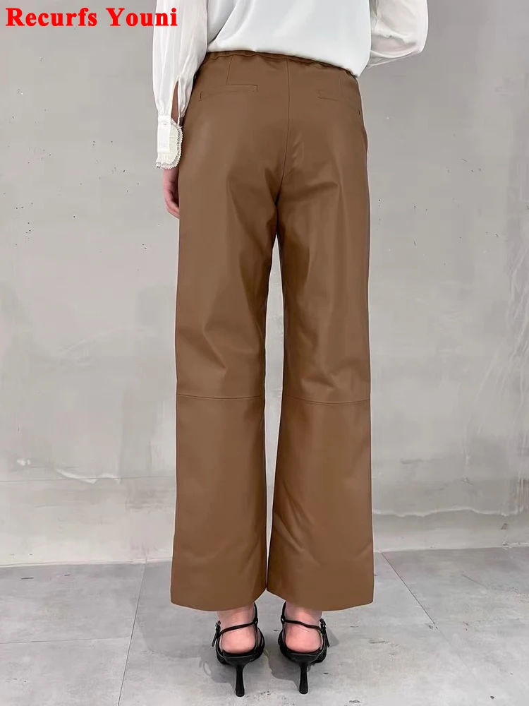 Women Leather Pants 2024 Trendy European Fashion Female Slit Thin Nappa Trousers Mujer Matt Smoke Pipe Streetwear Beige Pantalon