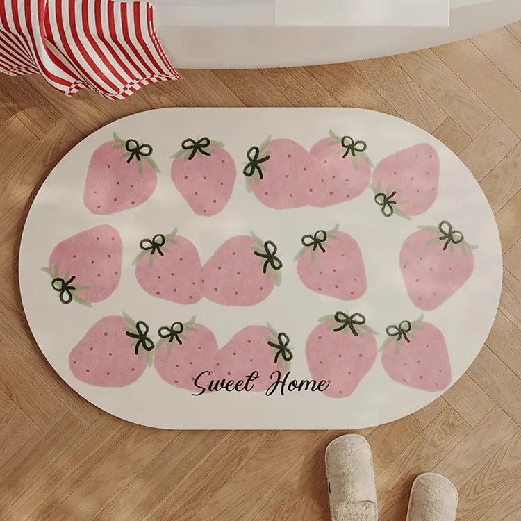VIKAMA Cute Pink Strawberry Oval Bath Mat Non Slip Washable Absorbent Floor Rug Sweet Cartoon Bedroom Bathroom Decor Mat