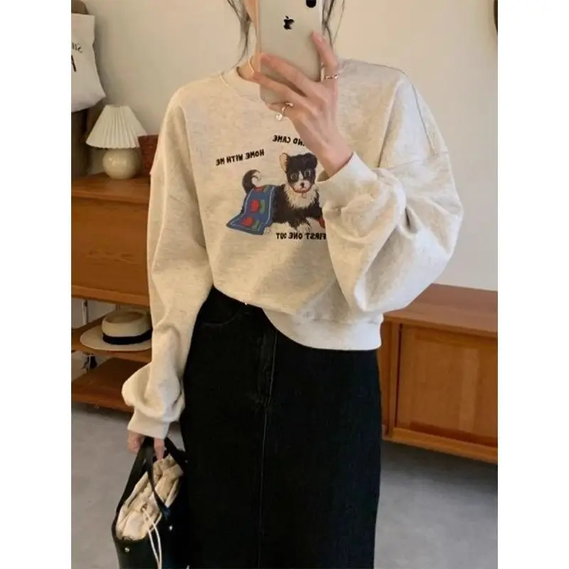 American retro gray puppy round neck sweatshirt for women autumn and winter plus velvet loose shoulder crop top women clothing