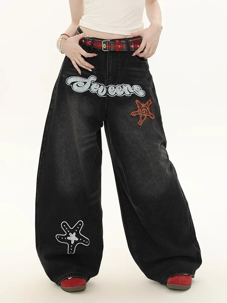 2025 American Retro Y2K Star Embroidery Black Baggy Women' s Jeans Pants For Woman Clothing Wide Leg Gothic Loose Denim Trousers