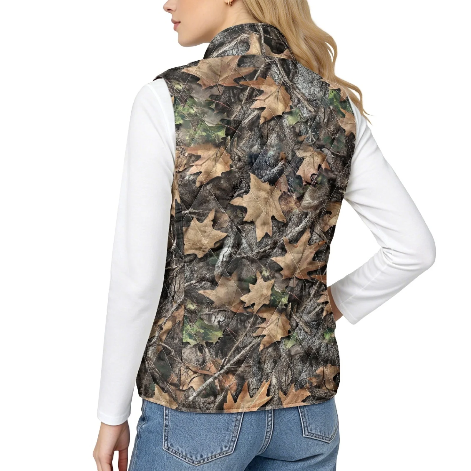 PENSTROLL Forest Camo Leaves Quilted Jacket Vest Warm Women's Quilted Jacket Vest Thin Padded Gilet Women for Indoor Activities