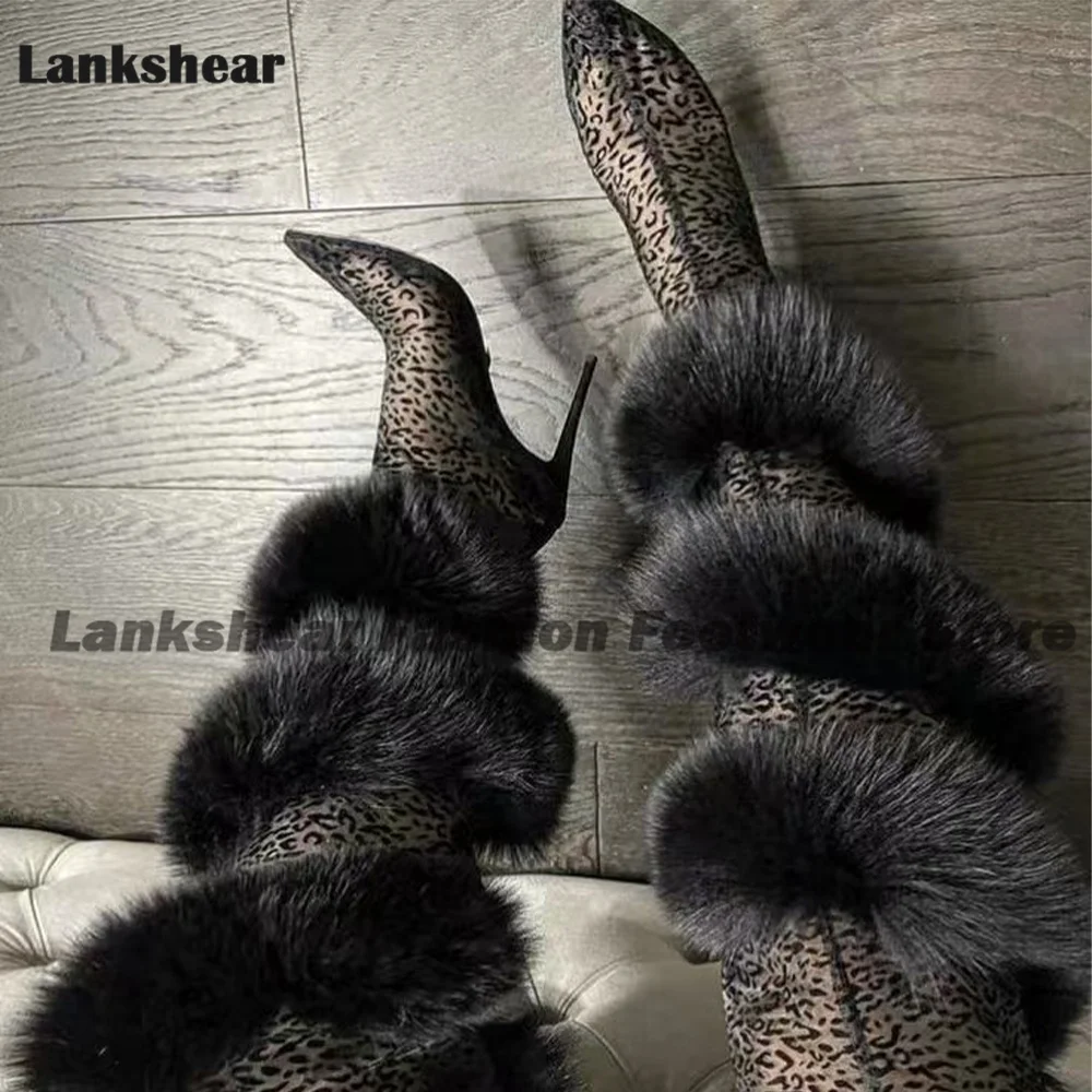 

Leopard Print Faux Fox Fur Boots for Women Knee High Leather Pointed Toe Over The Knee Booties Ladies 2025 Zapatos Para Mujere