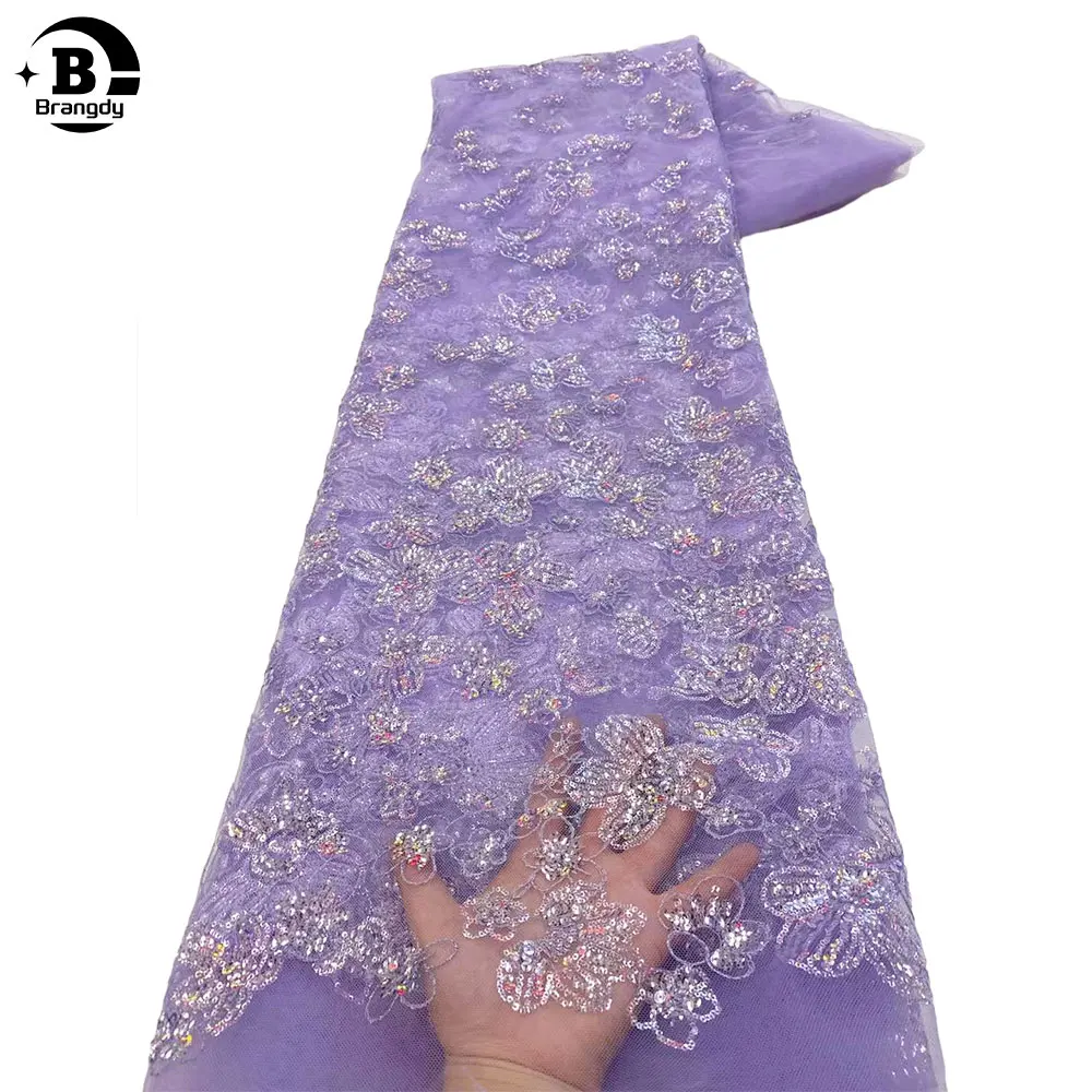 

Luxury mauve High quality African lace fabric French mesh sequin fabric sewn embroidery tulle Nigerian dress size 5 Z38068