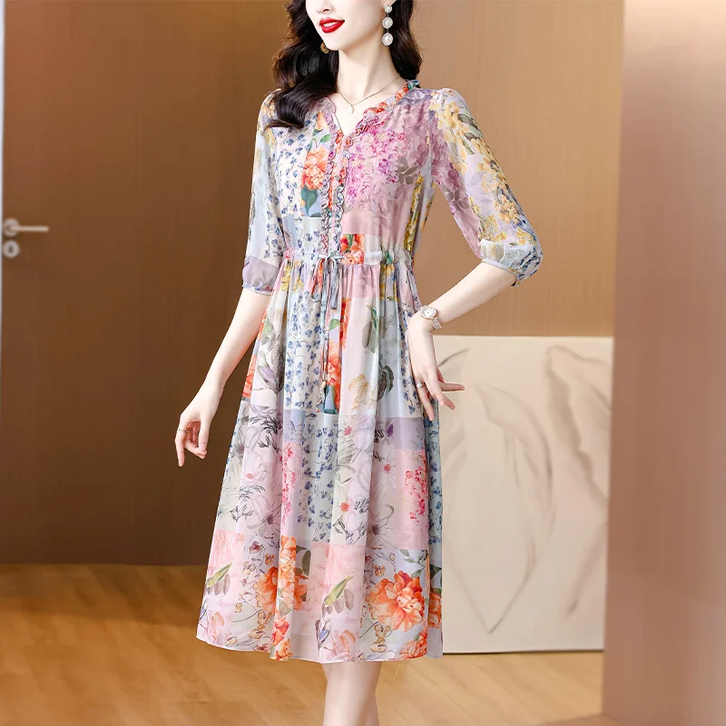 2024 Frauen Boho Strand rosa Blumen Seide Freizeit kleid Sommer koreanische Mode elegante Midi Vestidos koreanische Luxus Tanz Party Kleid