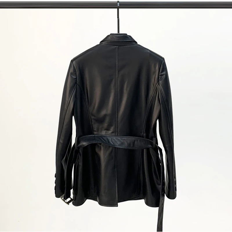 100% Real Leather Jacket Women Mid-length Lace-up Belt Slim Waist Coats Fashion Single-breasted Female Casual Sheepskin Coats