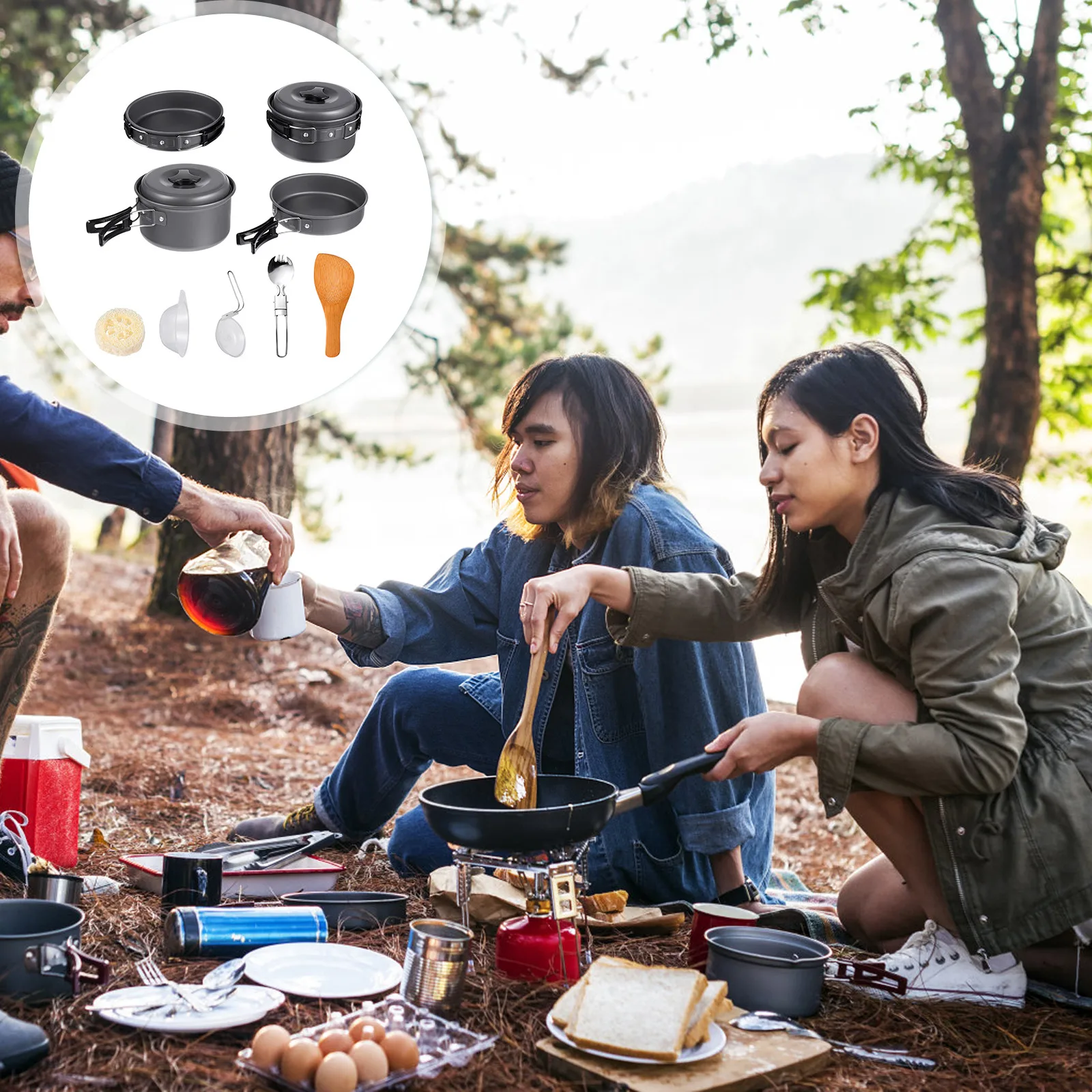 

1 Set Camping Cookware Set Outdoor Cooking Tools Portable Picnic Cooker Kit For Hiking Lightweight Foldable Pot Durable Aluminum