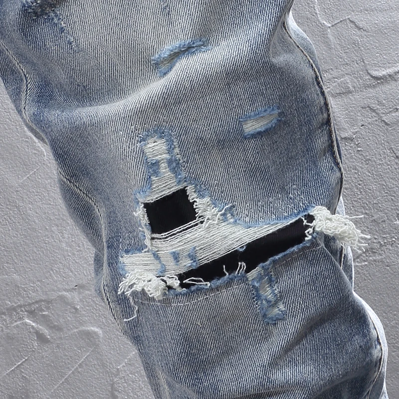 Street Fashion Men Jeans High Quality Retro Blue Stretch Slim Fit Ripped Jeans Men Patched Designer Vintage Denim Pants Hombre