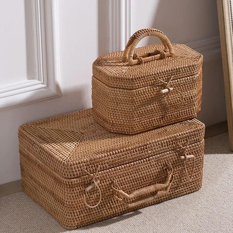 Solid Wood Rattan Woven Storage Box Retro Photography Props Picnic Basket Belt Cover Home Tea Ceremony Storage Decoration Box