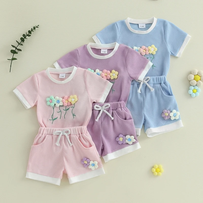 Toddler Baby Girl Summer Clothes 3D Flower Bow Short Sleeve T Shirt Tops Shorts 2Pcs Set Cute Infant Waffle Outfits