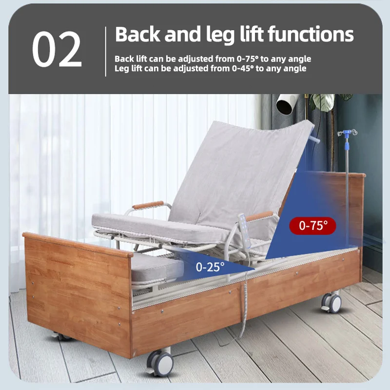 سرير رضاعة خشبي فاخر قابل للتعديل للعناية بالمريض المنزلي لكبار السن 5 وظيفة سرير مستشفى طبي كهربائي أوتوماتيكي دوار #3
