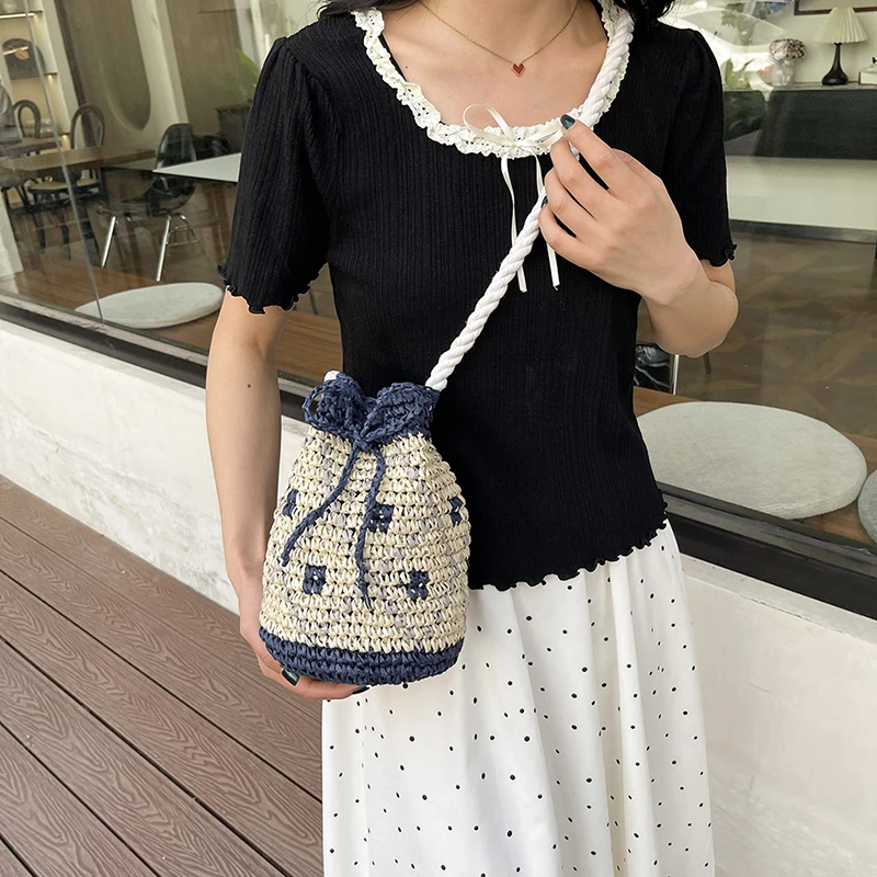 Small Drawstring Crossbody Bag Female Rope Shoulder Strap Bucket Handbag 2026 New Summer Boho Crochet Knitting Beach Bag view 5