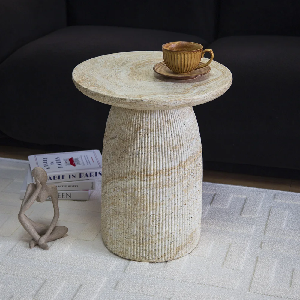 Modern Faux Travertine Magnesium Oxide Side Table Minimalist Coffee Table for Indoor Outdoor Balcony Hotel