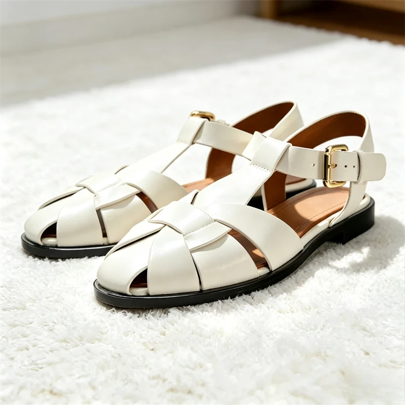 Luxury Metal Buckle Design Brand Flat Sandals Women Fashion Hollow Ankle Strap Gladiator Sandals Sexy Cozy Vacation Beach Shoes