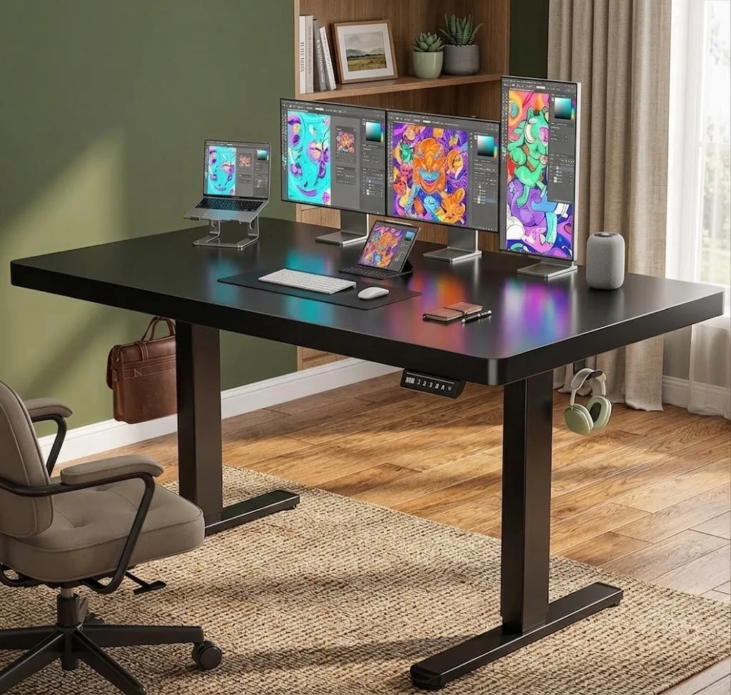 Electric Standing Desk with One-Piece Desktop, 55 X 30 Sit Stand Desk with Thickened Tabletop, Height Adjustable Stand Up Desk with Cable Management for Home Office (Frame+Desktop, 2 Packages)