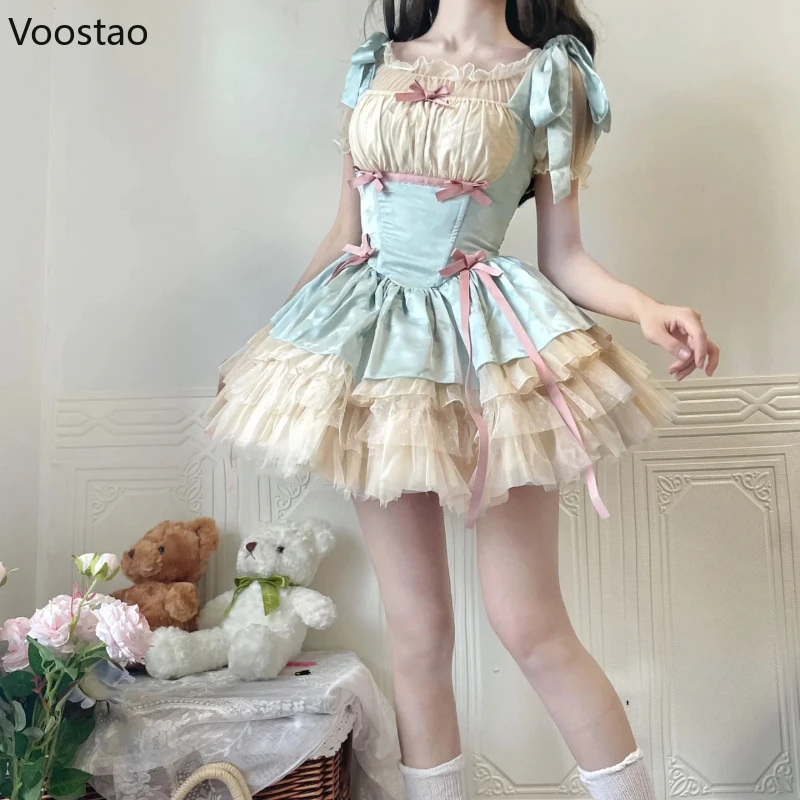 Süße Lolita Jsk Kleid Frauen Vintage Y2k Bogen Band Party Prinzessin Kleider japanische Mädchen Kawaii Ballett Stil Mesh Mini kleid