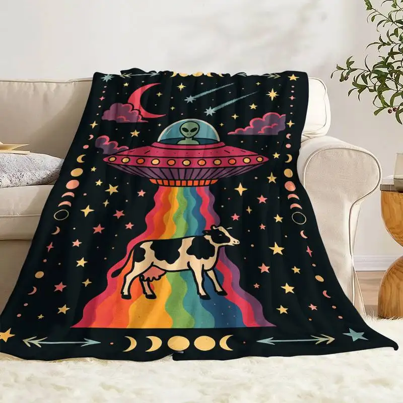 

Retro Alien Abduction Cow Throw Blanket, Soft Cozy Flannel Blanket for Couch Sofa Bed, Funny UFO & Space Lover Gift