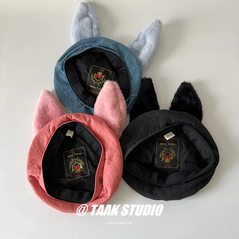 2023 Cute bunny ear berets for women denim painter hat women\'s autumn winter ins student cartoon newsboy hat new style