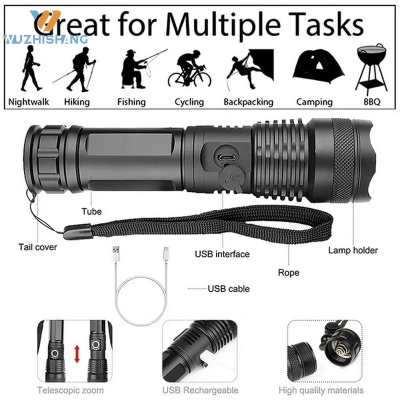 High Power XHP100 Led Flashlight Rechargeable 4 Core Torch Zoom Usb Hand Lantern For Camping, Outdoor & Emergency Use