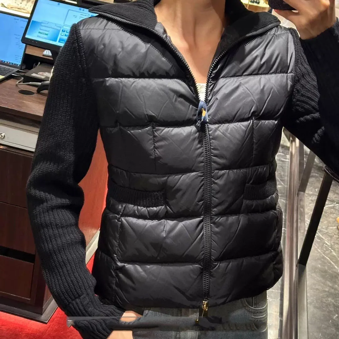 2025 nuevo Otoño Invierno abrigo de plumas de ganso blanco mujer cuello alto manga larga tejido Patchwork bolsillos cremallera chaqueta Casual delgada