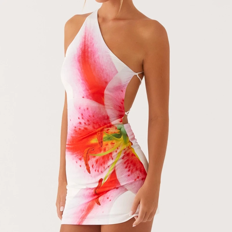 Combhasaki Women Summer Sleeveless Lace-up Bandage Backless One Shoulder Floral Tie-dye Print Bodycon Straight Short Mini Dress