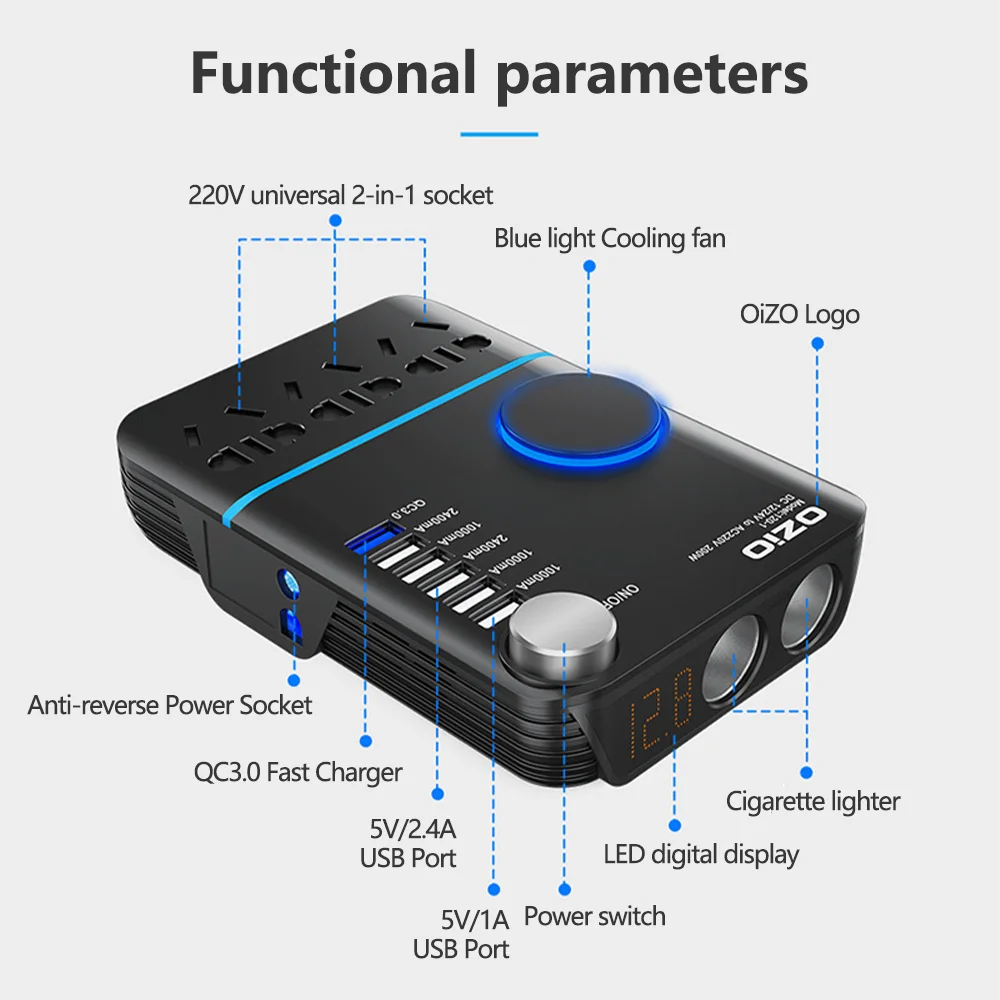 Top Car Inverter DC 12V/24V To 220V Power Converter Multi-function Socket Charger 5USB Type C QC3.0 Fast Charge Auto Accessories