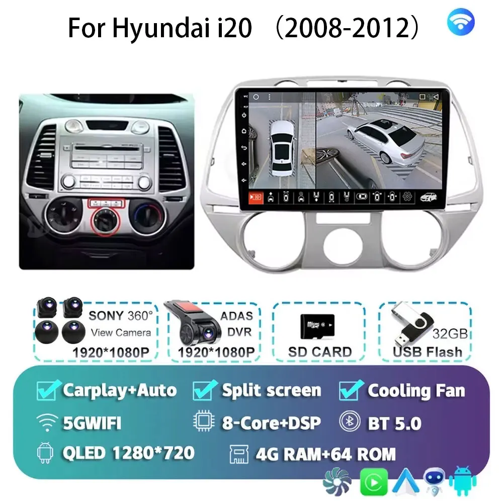 Android 15 Carplay Voor Hyundai i20 2008 2009 2010 2011 2012 Autoradio Stereo Multimedia Video Player WIFI Touchscreen - afbeelding 1
