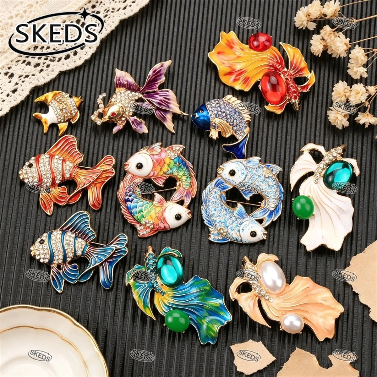 SKEDS Vintage Emaille Goldfisch-Brosche für Damen, Bunte Strass-Kristall-Karpfen-Anstecknadeln, Broschen, Schal-Accessoires, Modeschmuck, Geschenk