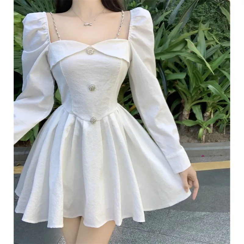 Corrente quadrada pescoço feminino vestido branco francês manga comprida saia de princesa linha a vestido curto fofo para mulher